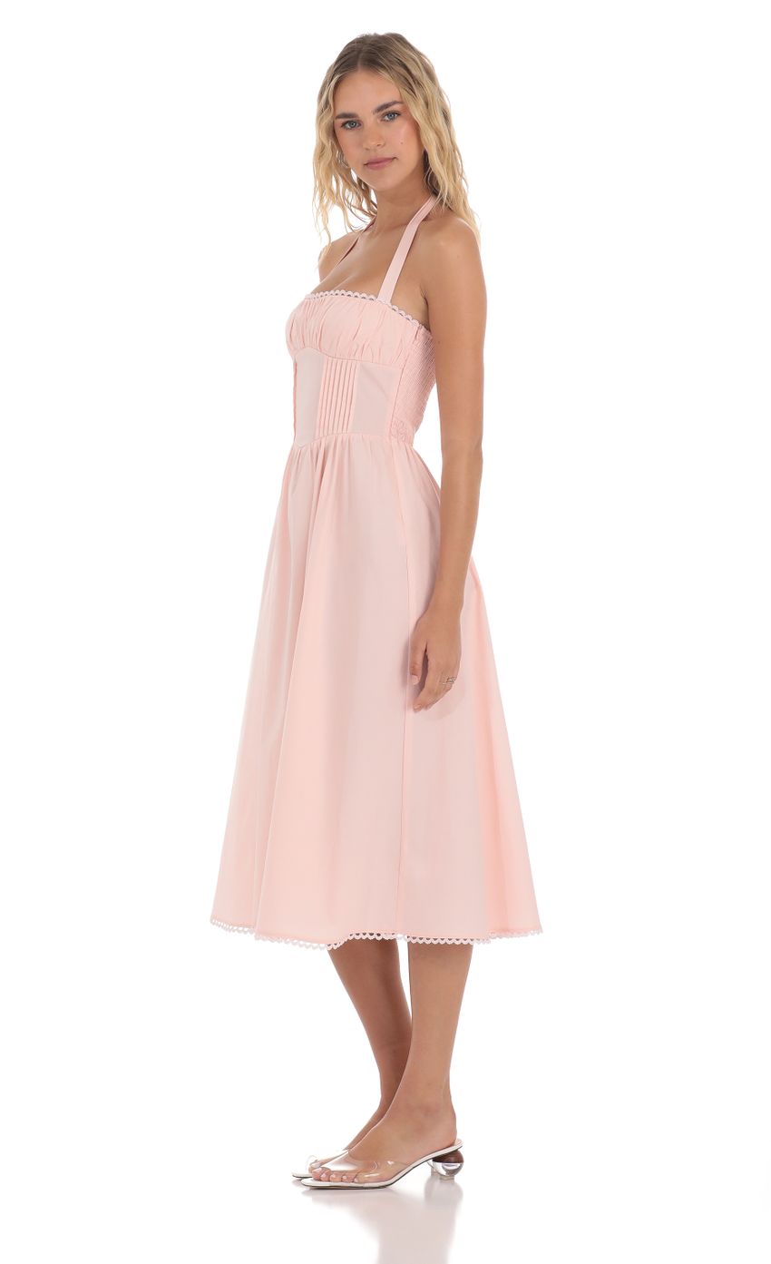 Picture Halter A-Line Midi Dress in Pink. Source: https://media-img.lucyinthesky.com/data/May24/850xAUTO/c124616e-fc7b-4ed6-9fb0-6fe0a87c04ad.jpg