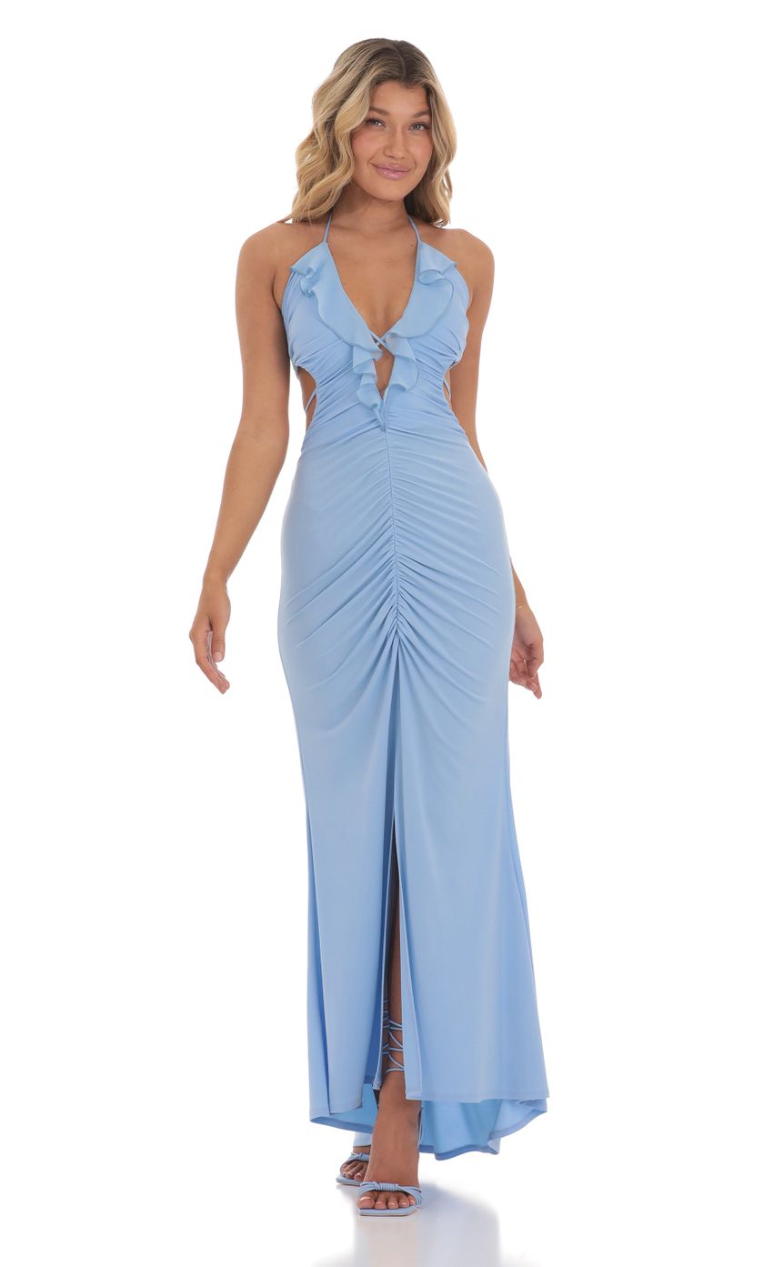 Picture Plunge Neck Ruched Maxi Dress in Blue. Source: https://media-img.lucyinthesky.com/data/May24/850xAUTO/c138b4d6-31fd-47a7-b2e8-77c162f0aaf6.jpg