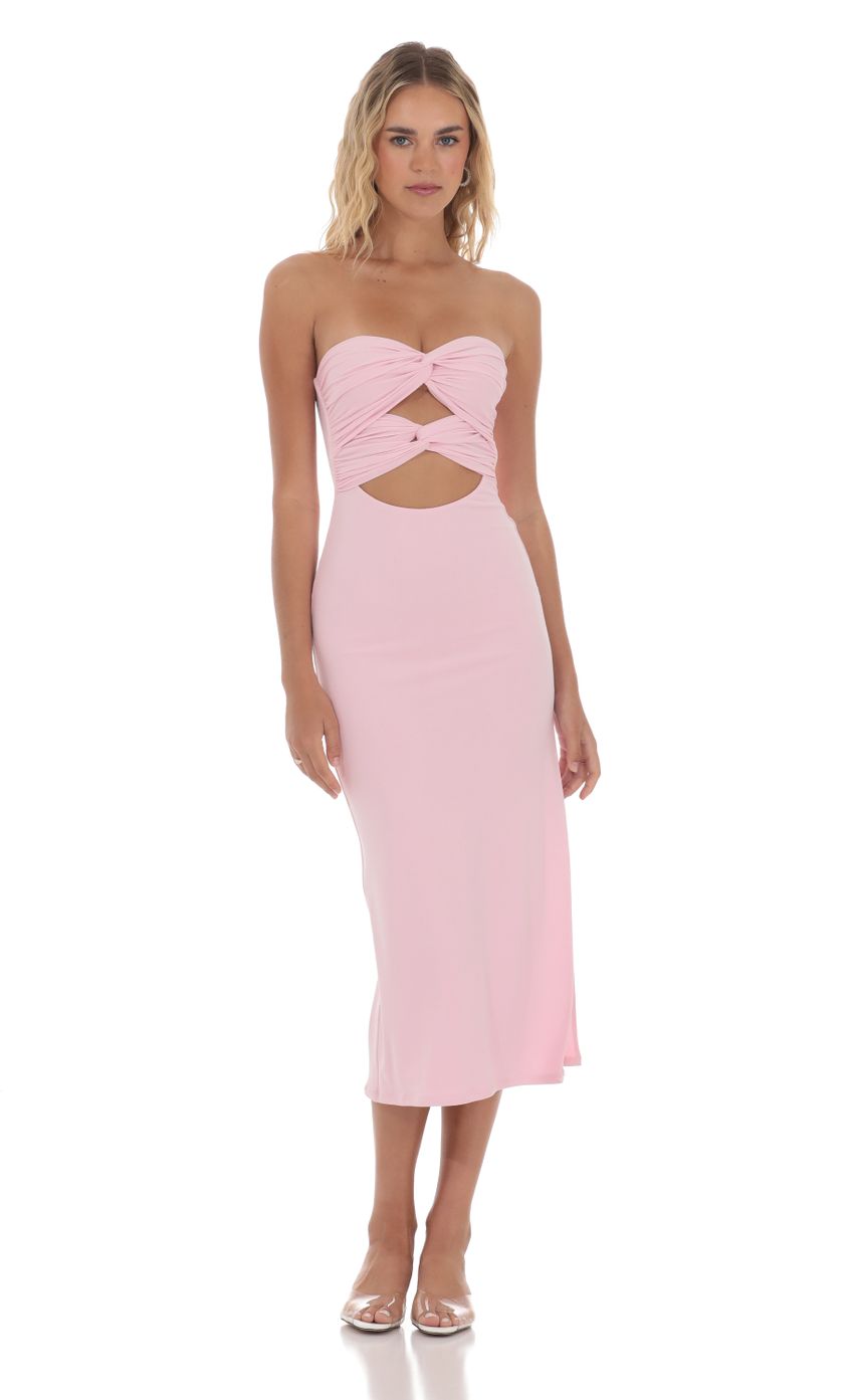 Picture Double Twist Strapless Midi Dress in Pink. Source: https://media-img.lucyinthesky.com/data/May24/850xAUTO/cffc43c4-d643-4927-8370-5e1510e09c70.jpg