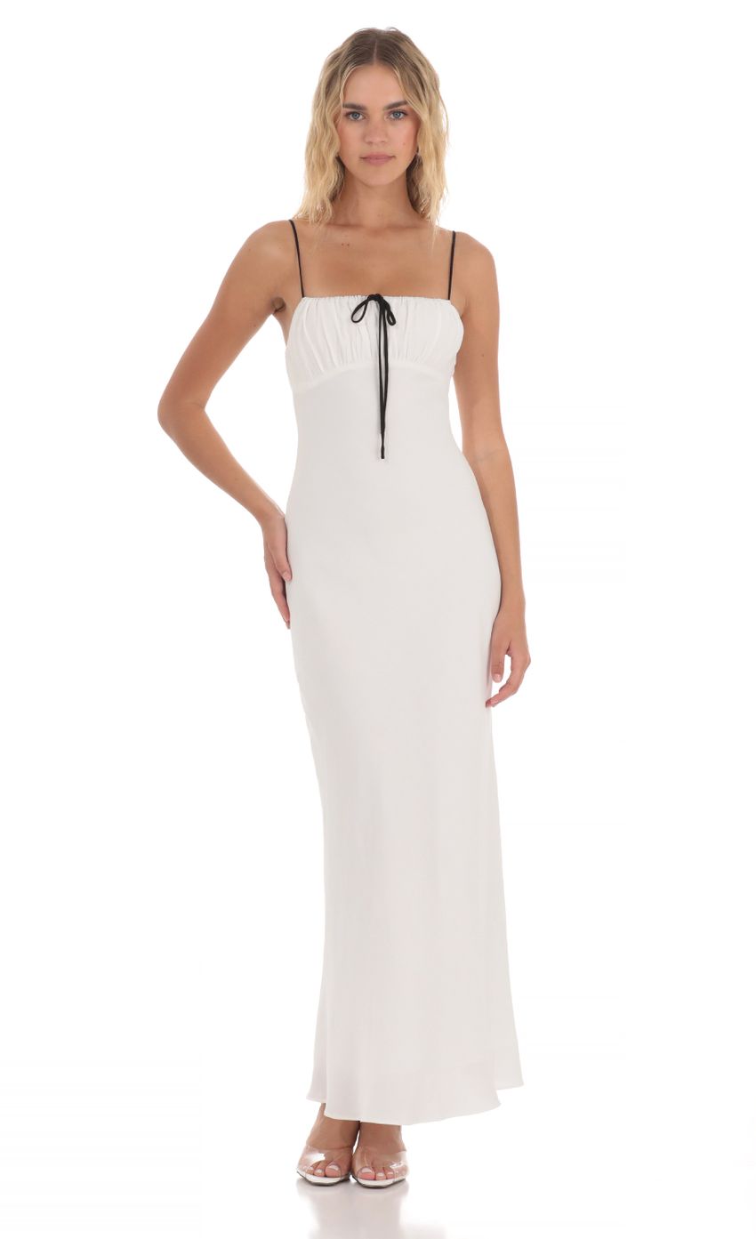 Picture Front Tie Maxi Dress in White. Source: https://media-img.lucyinthesky.com/data/May24/850xAUTO/d8533fb6-89aa-4632-9d2c-8eba2dffaf38.jpg