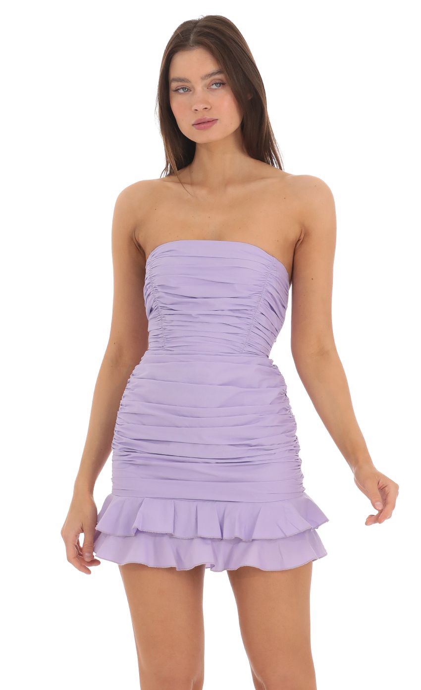 Picture Strapless Ruched Bodycon Dress in Lavender. Source: https://media-img.lucyinthesky.com/data/May24/850xAUTO/e34e35c1-c867-450f-8951-7de3b9b4a871.jpg