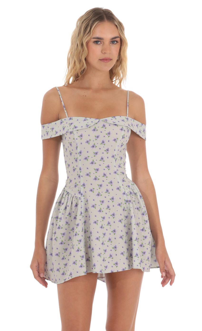 Picture Floral Off Shoulder Flare Dress in Sage. Source: https://media-img.lucyinthesky.com/data/May24/850xAUTO/e7ad8ea7-c82b-4ed7-9294-06163de2069d.jpg