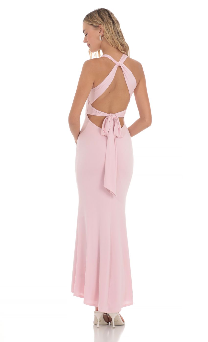 Picture Twist V-Neck Maxi Dress in Pink. Source: https://media-img.lucyinthesky.com/data/May24/850xAUTO/e9d32812-6cc3-4217-97de-176ffc4c3b5f.jpg