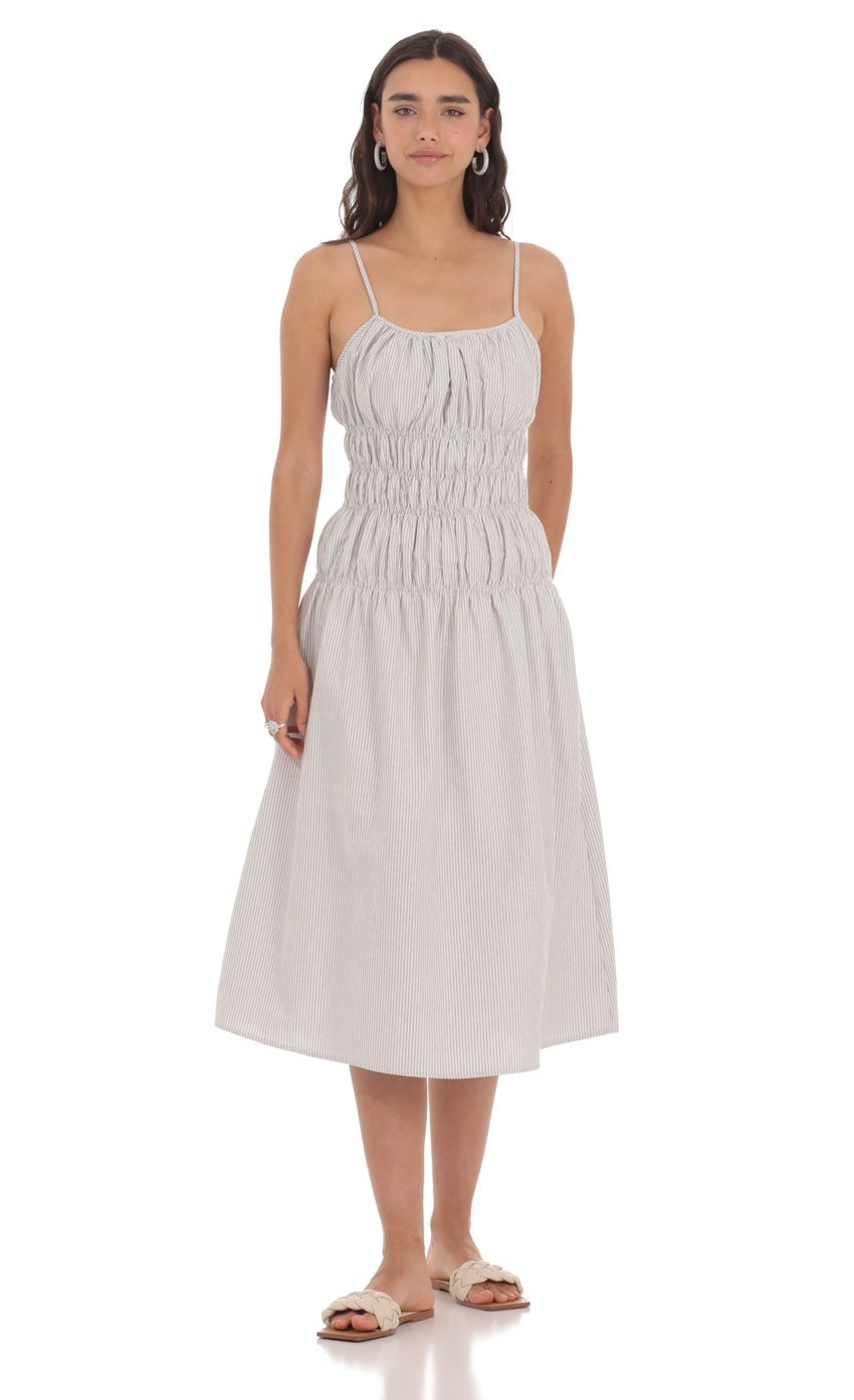 Picture Ruched Striped Midi Dress in Grey. Source: https://media-img.lucyinthesky.com/data/May24/850xAUTO/ea23b941-e4de-4e17-9886-8ce0506eeeb2.jpg