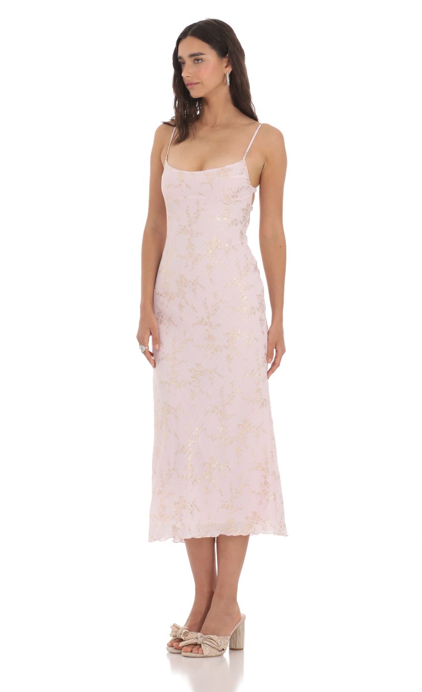 Picture Foiled Floral Open Back Midi Dress in Pink. Source: https://media-img.lucyinthesky.com/data/May24/850xAUTO/ec9b8f3d-1d19-4ce0-a165-f6e844ded0c7.jpg