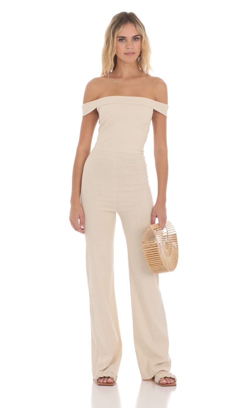 Picture Off Shoulder Linen Jumpsuit in Cream. Source: https://media-img.lucyinthesky.com/data/May24/850xAUTO/efeb900a-403e-4f30-877d-b6544bdd4d8e.jpg