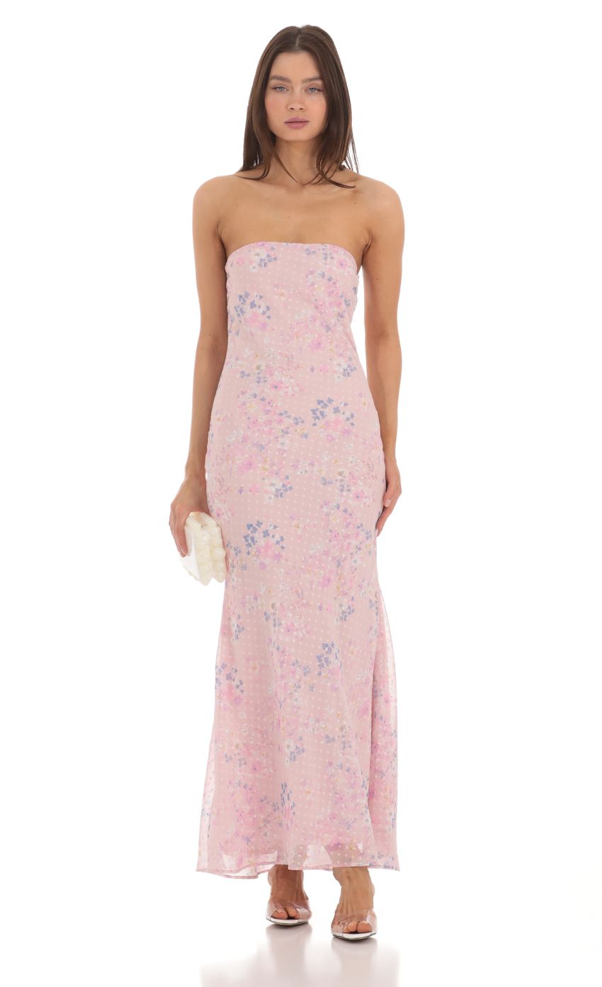 Picture Dotted Floral Strapless Maxi Dress in Pink. Source: https://media-img.lucyinthesky.com/data/May24/850xAUTO/fe2d22b8-728f-4933-91f9-d258fc7511d1.jpg