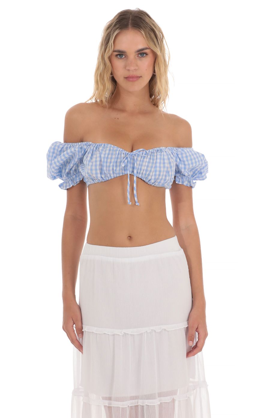 Picture Gingham Off Shoulder Top in Blue. Source: https://media-img.lucyinthesky.com/data/May24/850xAUTO/ff9035d8-ceef-43c1-b3a4-c49ed50ebe61.jpg