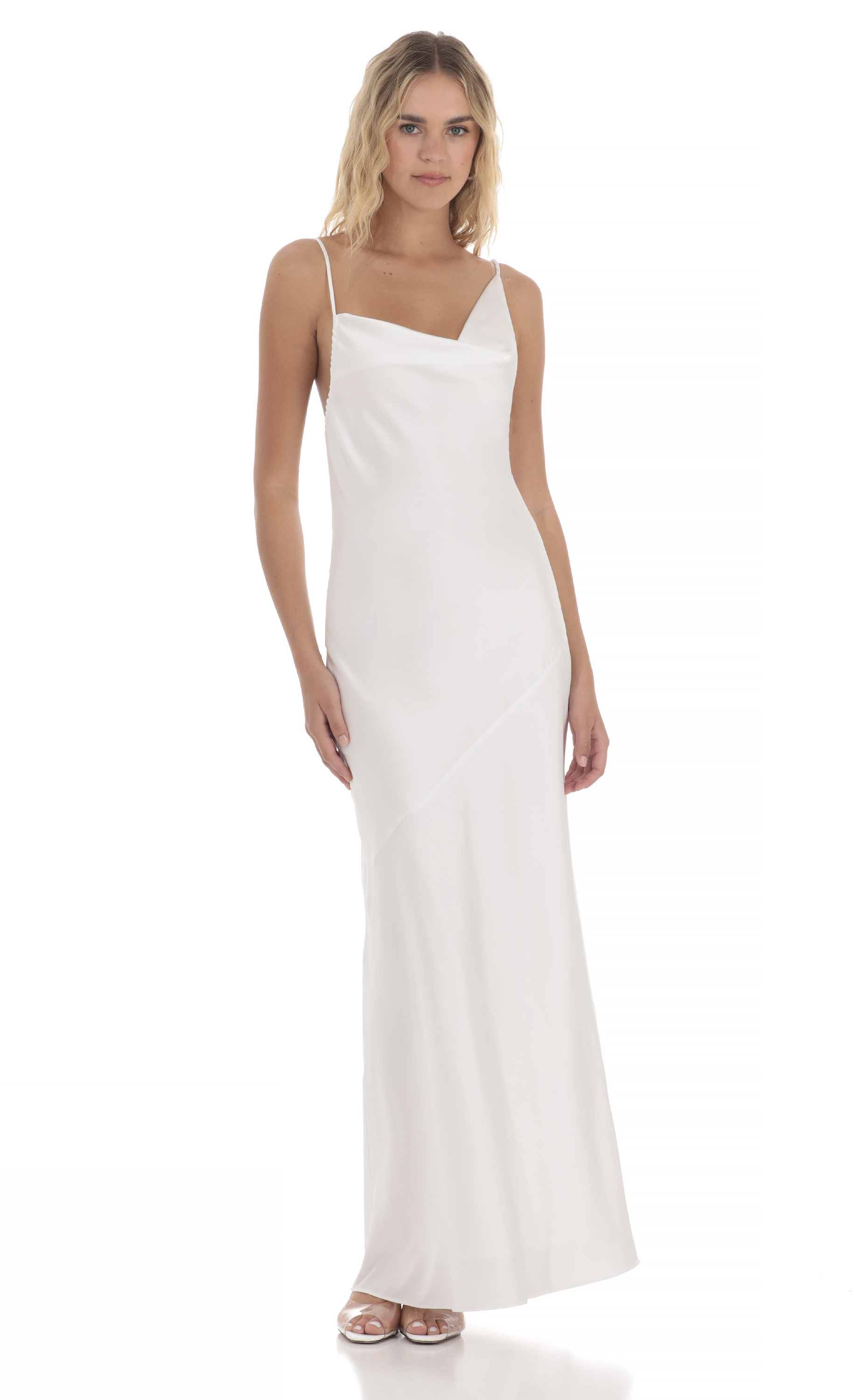Satin Asymmetrical Cowl Neck Maxi Dress in White