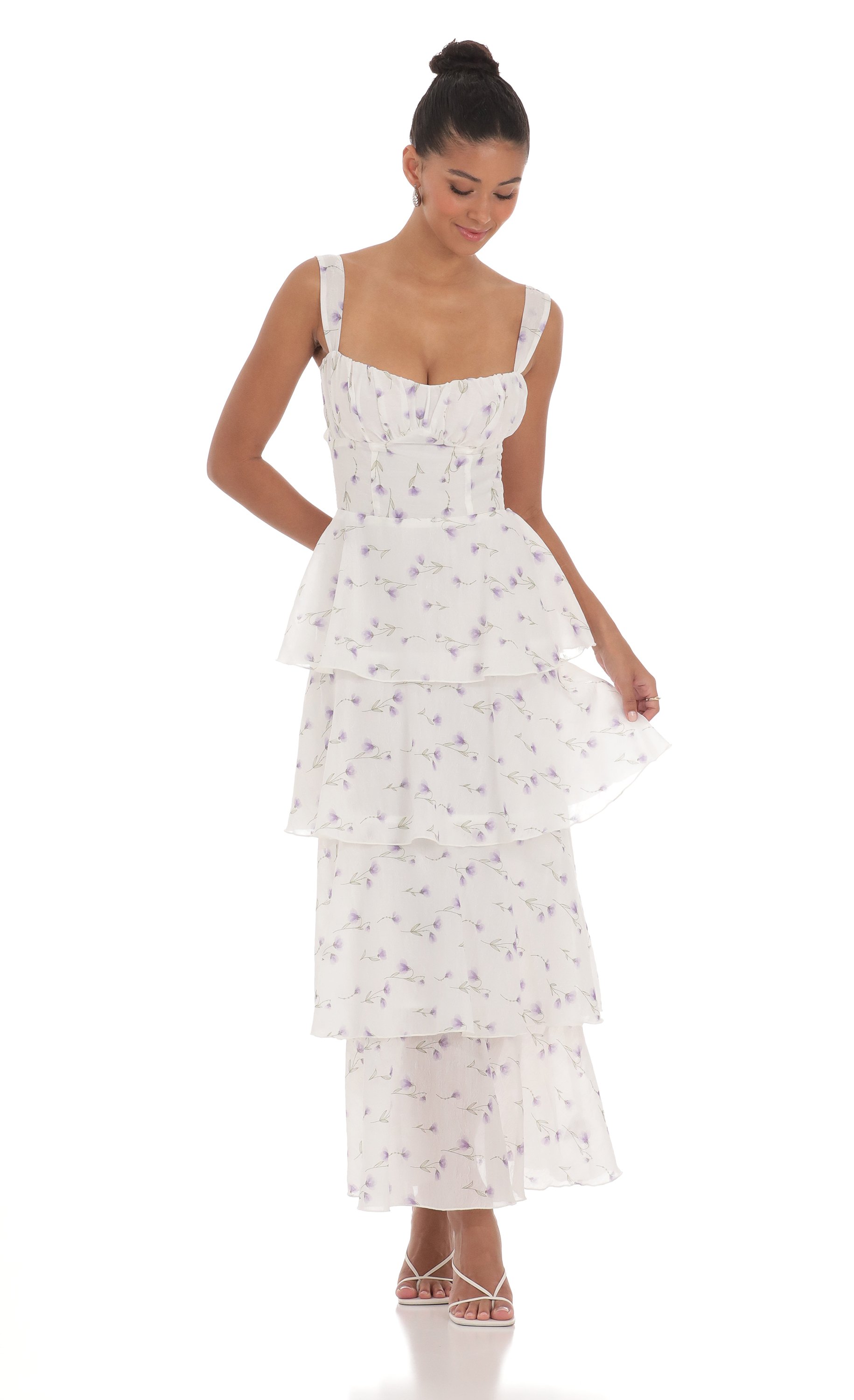 Floral Ruffle Maxi Dress in White