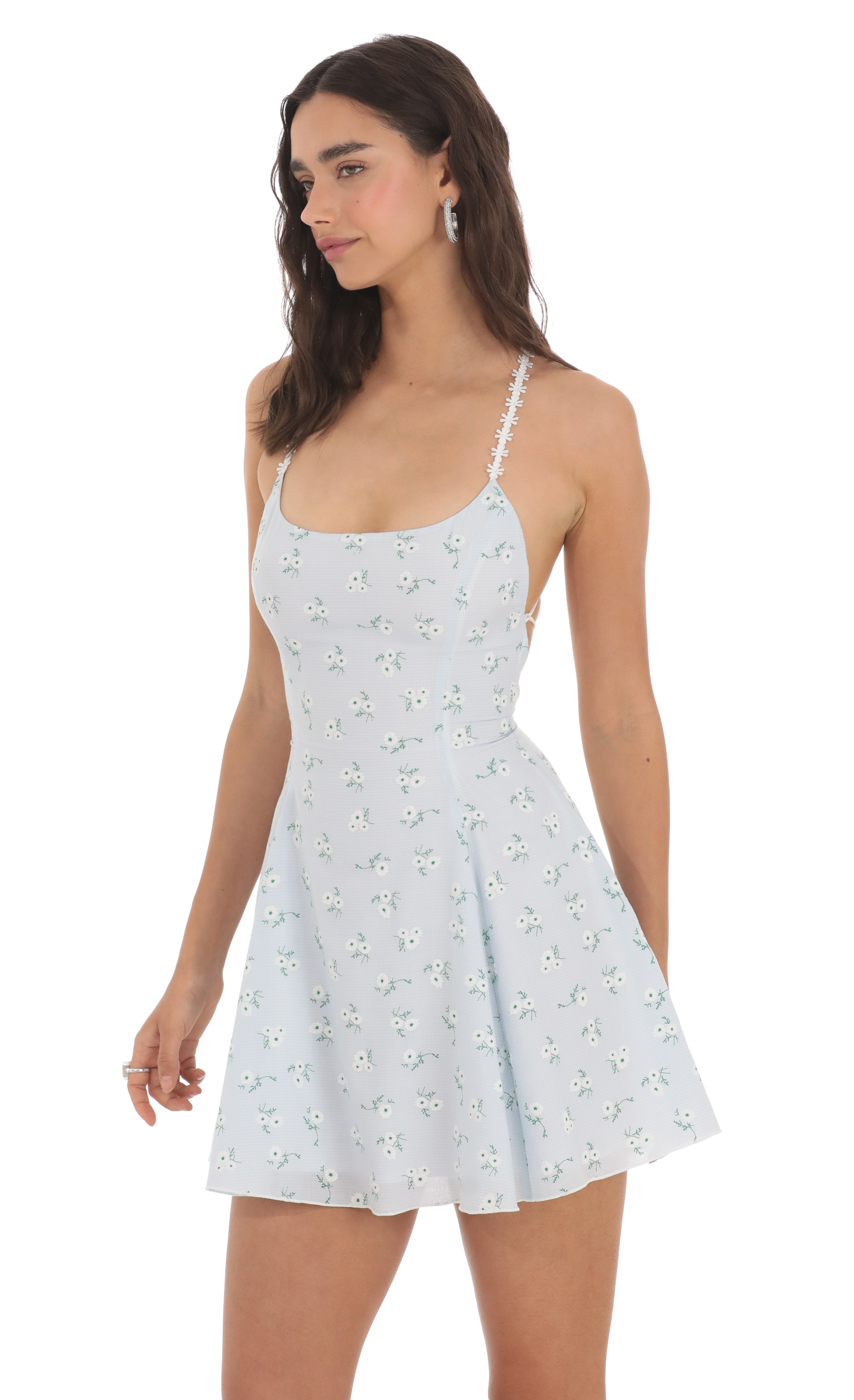 Floral Strap Crossback Fit and Flare Dress in Blue