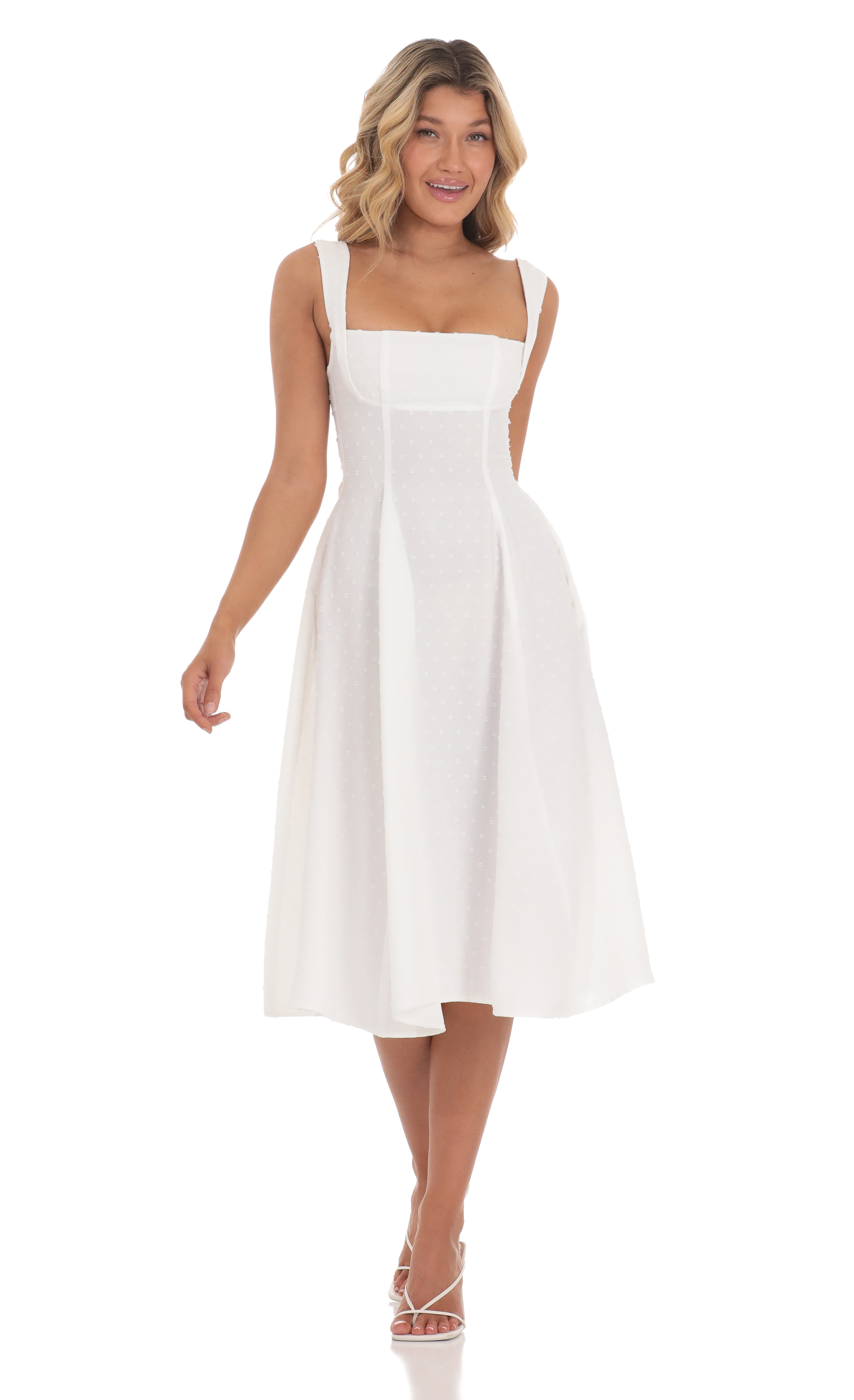 Dotted Square Neck Flare Midi Dress in White