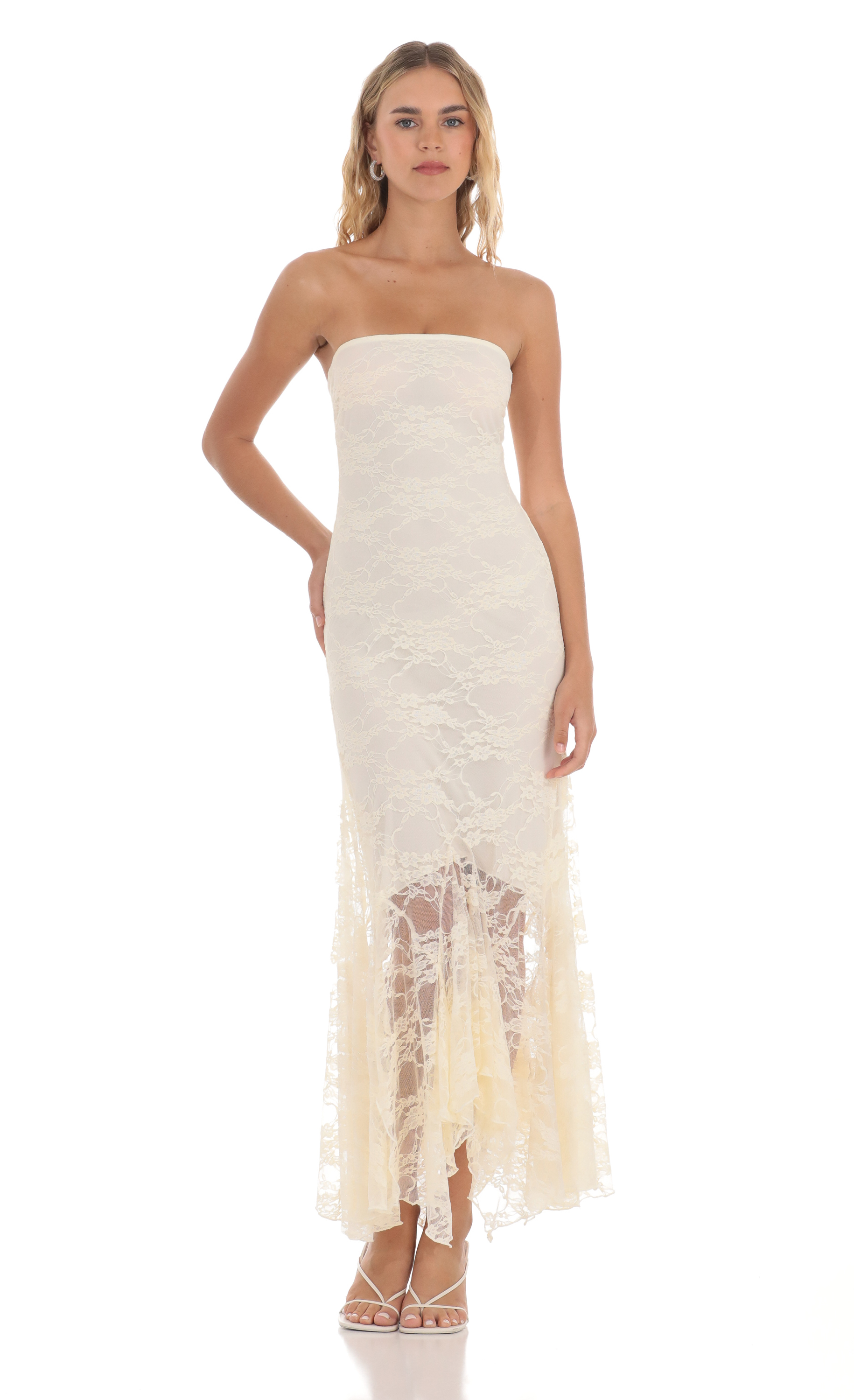 Lace Strapless Fishtail Midi Dress in Cream