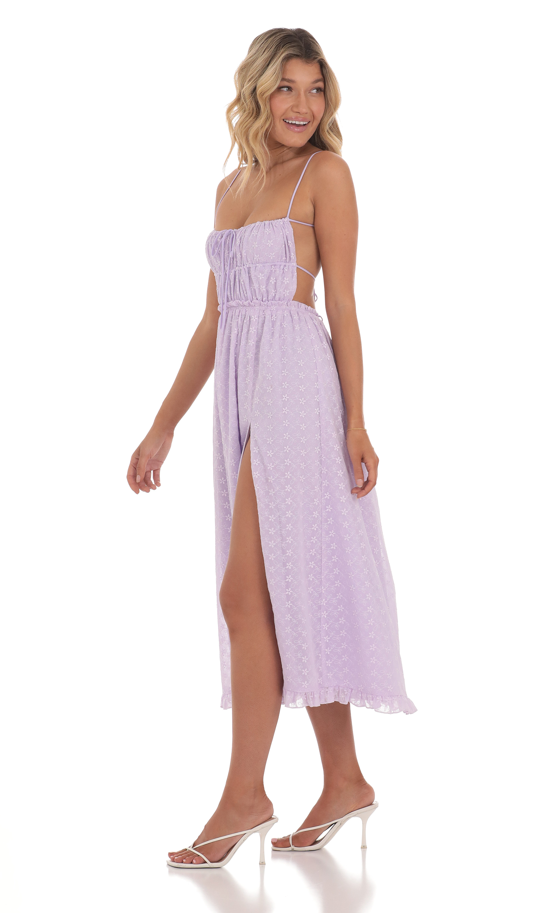 Floral Embroidered Open Back Midi Dress in Lavender