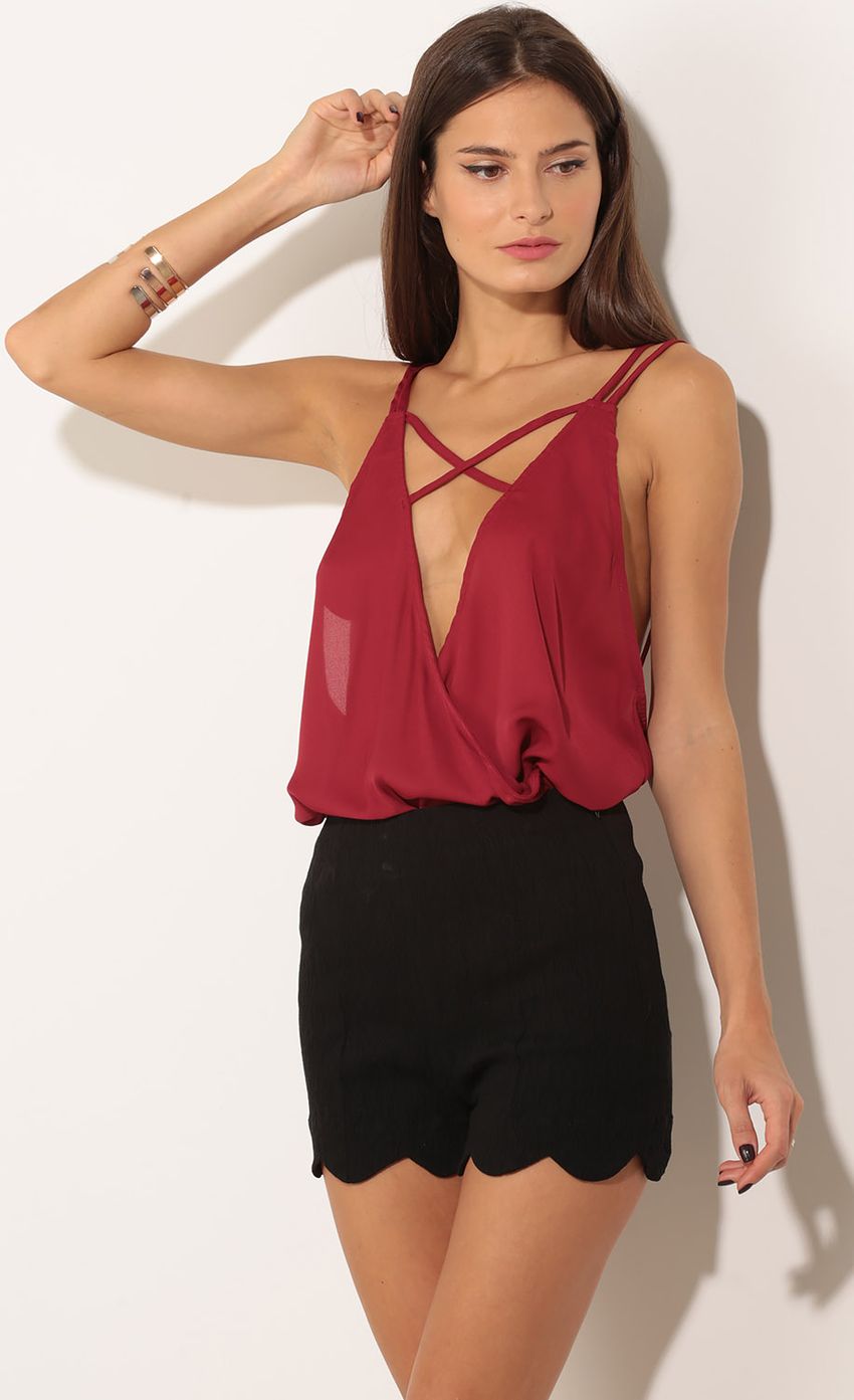 Picture Criss-Cross Plunge Playsuit In Red. Source: https://media-img.lucyinthesky.com/data/Nov15_2/850xAUTO/0Y5A2455.JPG