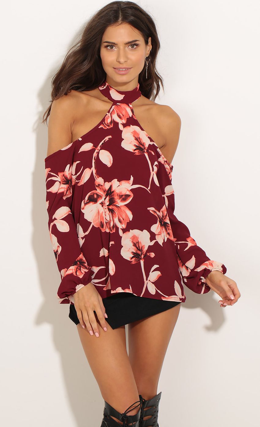 Picture Floral High Neck Top In Wine. Source: https://media-img.lucyinthesky.com/data/Nov16_2/850xAUTO/0Y5A7581.JPG