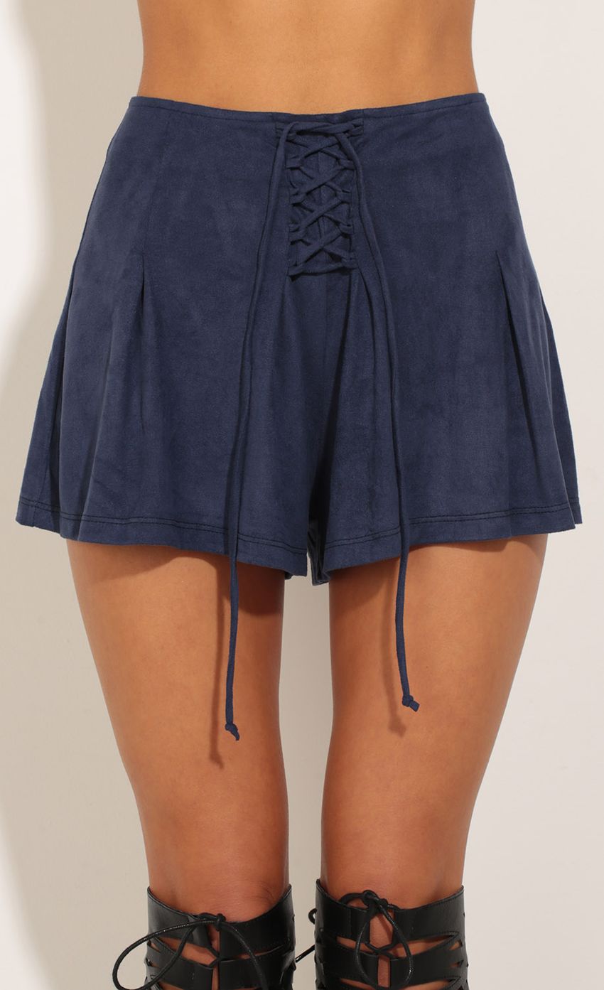 Picture Lace-Up Suede Shorts In Navy Blue. Source: https://media-img.lucyinthesky.com/data/Nov16_2/850xAUTO/0Y5A9602.JPG