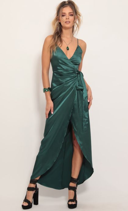 Pleated Satin Maxi Dress in Hunter Green | LUCY IN THE SKY
