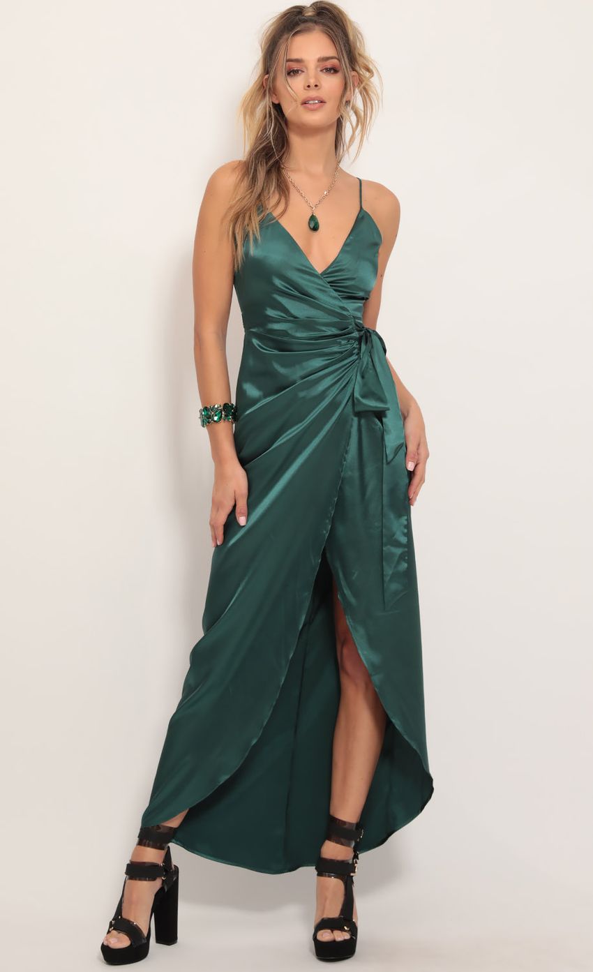 Picture Pleated Satin Maxi Dress in Hunter Green. Source: https://media-img.lucyinthesky.com/data/Nov19_1/850xAUTO/781A7404.JPG