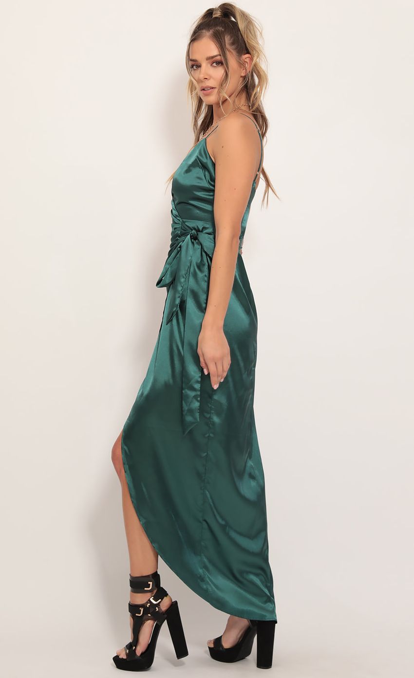 Picture Pleated Satin Maxi Dress in Hunter Green. Source: https://media-img.lucyinthesky.com/data/Nov19_1/850xAUTO/781A7412.JPG