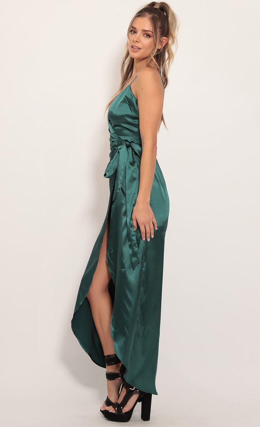 Picture Pleated Satin Maxi Dress in Hunter Green. Source: https://media-img.lucyinthesky.com/data/Nov19_1/850xAUTO/781A7420.JPG