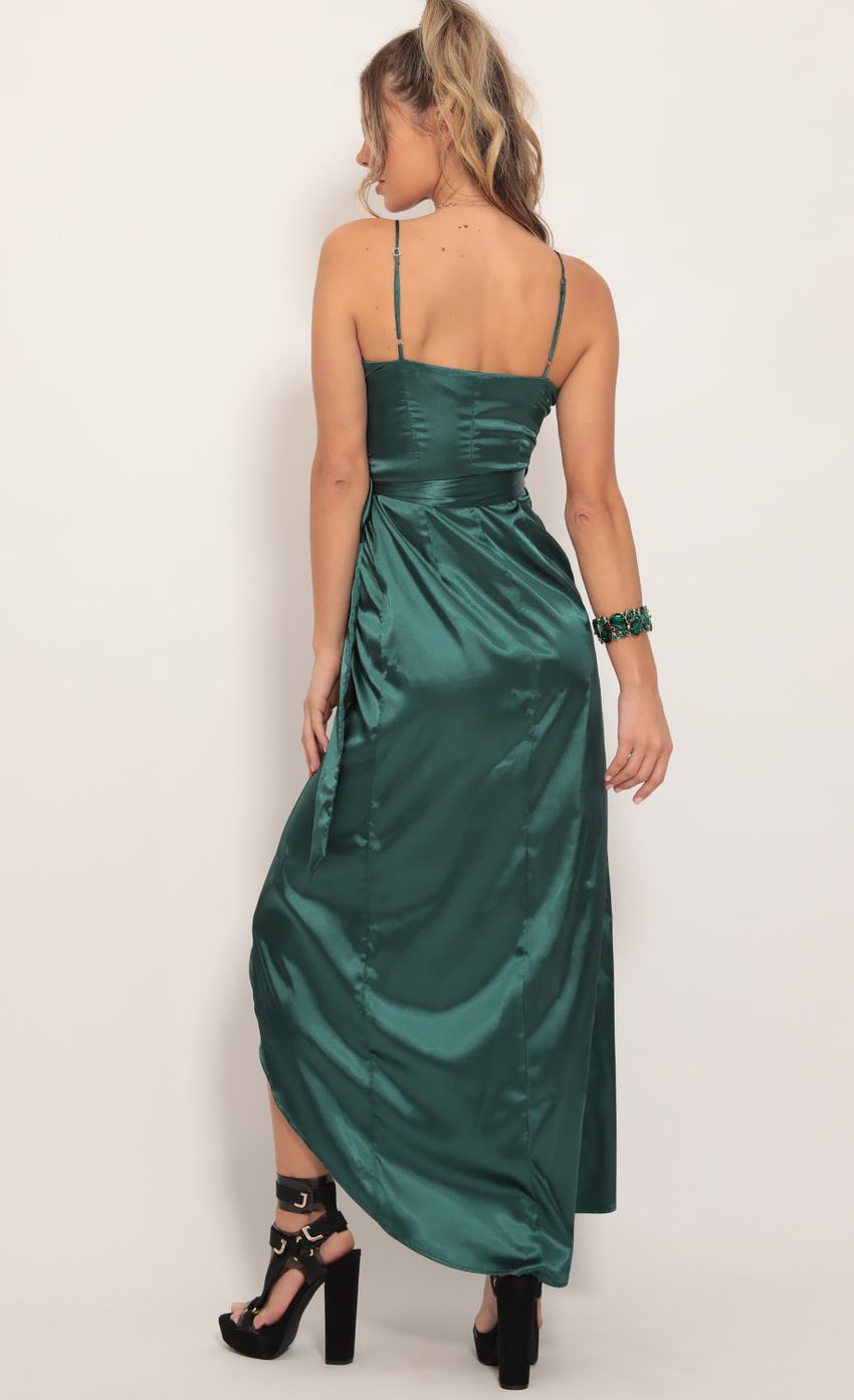Picture Pleated Satin Maxi Dress in Hunter Green. Source: https://media-img.lucyinthesky.com/data/Nov19_1/850xAUTO/781A7430.JPG