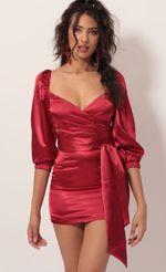 Picture Puff Sleeve Wrap Dress in Red Satin. Source: https://media-img.lucyinthesky.com/data/Nov19_2/150xAUTO/781A4534.JPG