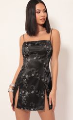 Picture Nadina High Slit Satin Dress in Black Floral. Source: https://media-img.lucyinthesky.com/data/Nov19_2/150xAUTO/781A7521S.JPG