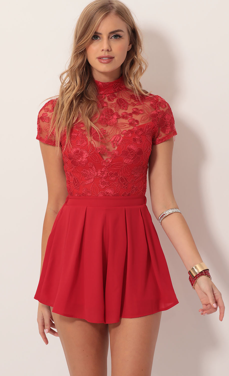 Heiress Floral Lace Romper in Red