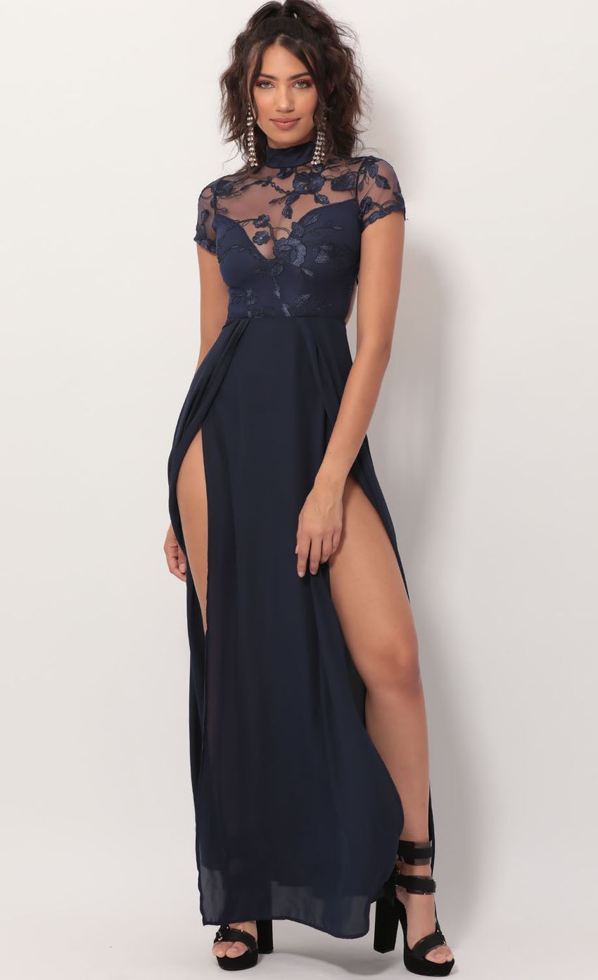 Picture Heiress Lace Maxi Dress in Navy. Source: https://media-img.lucyinthesky.com/data/Nov19_2/850xAUTO/781A3021.JPG