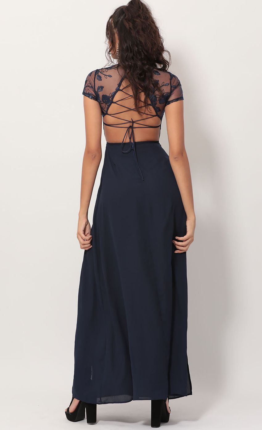 Picture Heiress Lace Maxi Dress in Navy. Source: https://media-img.lucyinthesky.com/data/Nov19_2/850xAUTO/781A3073.JPG
