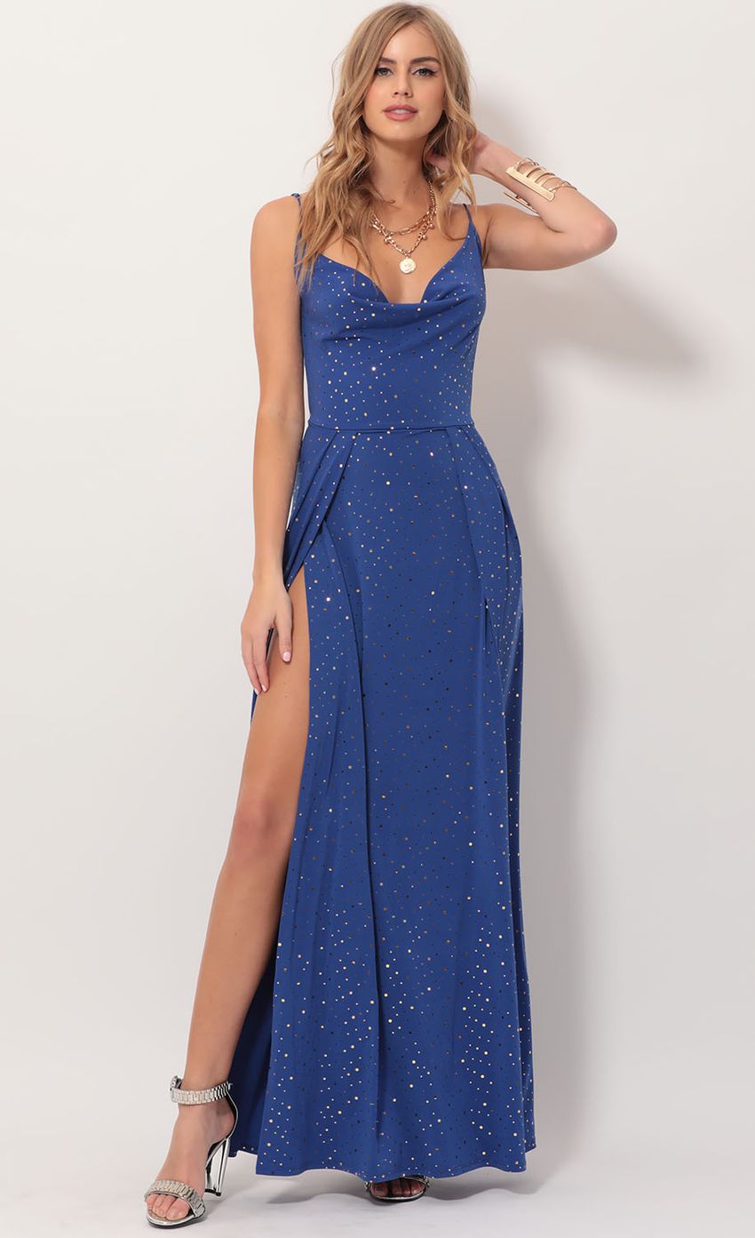 Picture Dion Twinkling Maxi Dress in Royal Gold. Source: https://media-img.lucyinthesky.com/data/Nov19_2/850xAUTO/781A3189.JPG