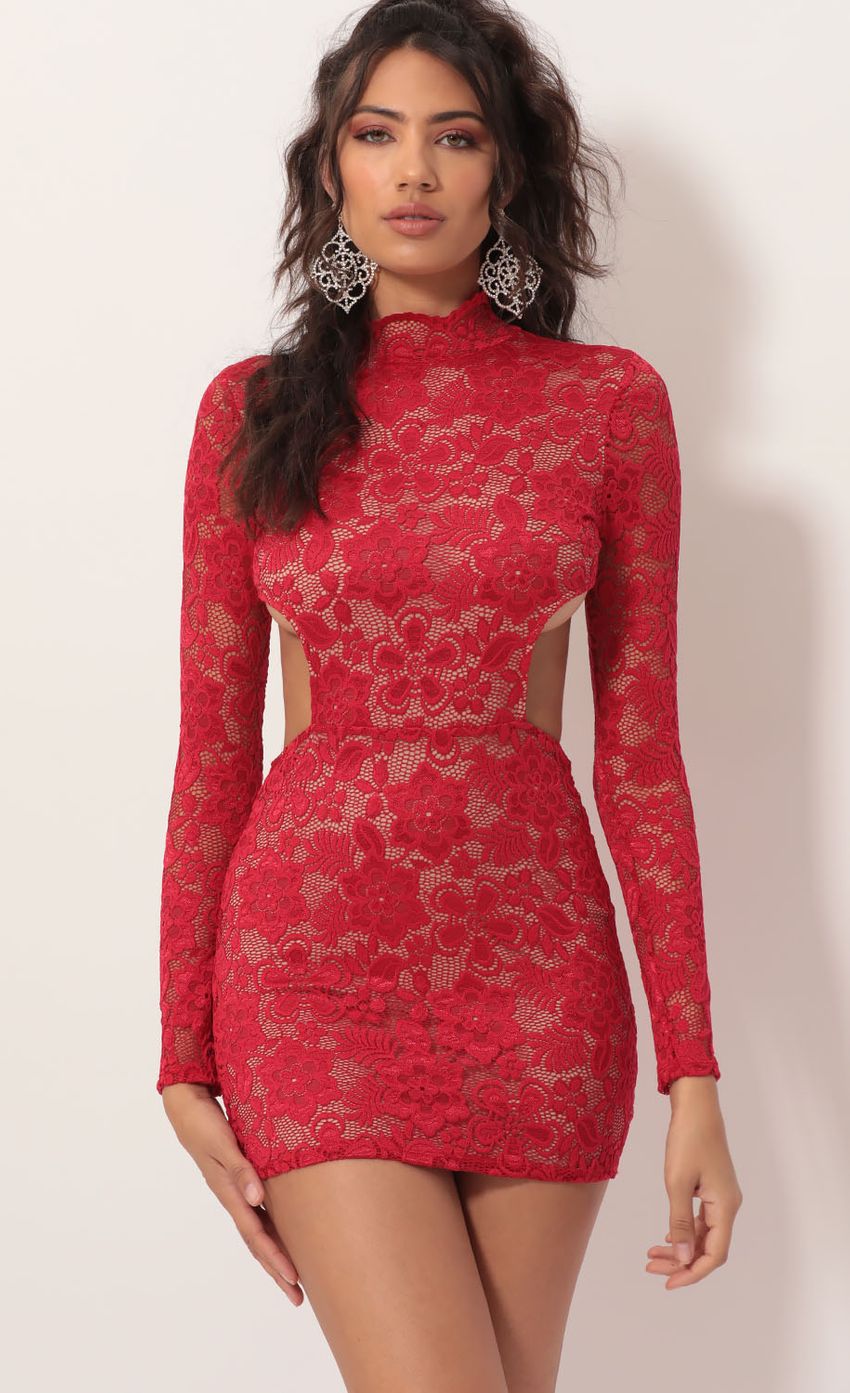 Picture Wild Night Lace Cutout Dress in Red Nude. Source: https://media-img.lucyinthesky.com/data/Nov19_2/850xAUTO/781A4089.JPG