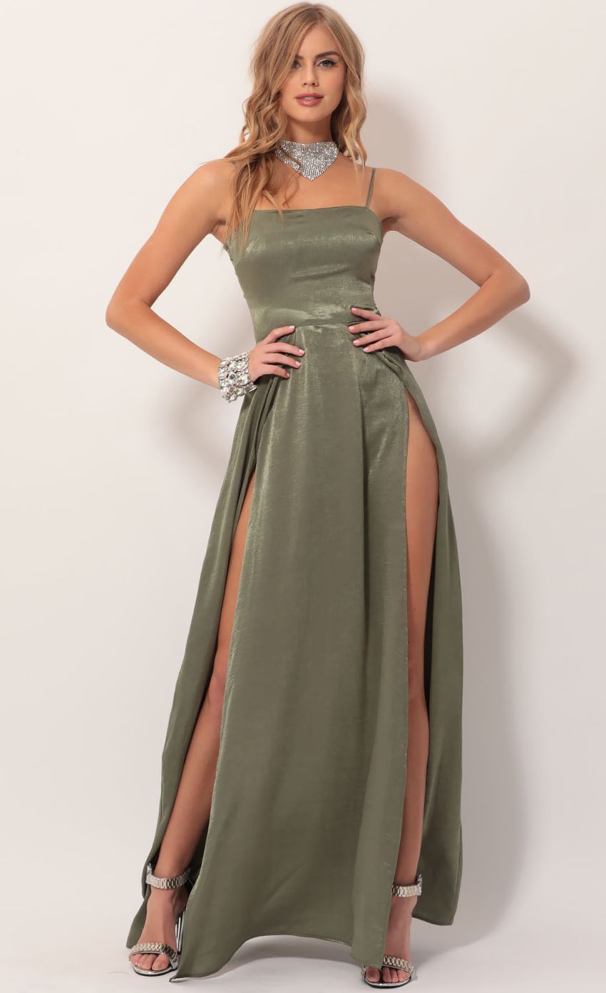 Picture Satin Maxi Dress in Olive Green. Source: https://media-img.lucyinthesky.com/data/Nov19_2/850xAUTO/781A4135.JPG