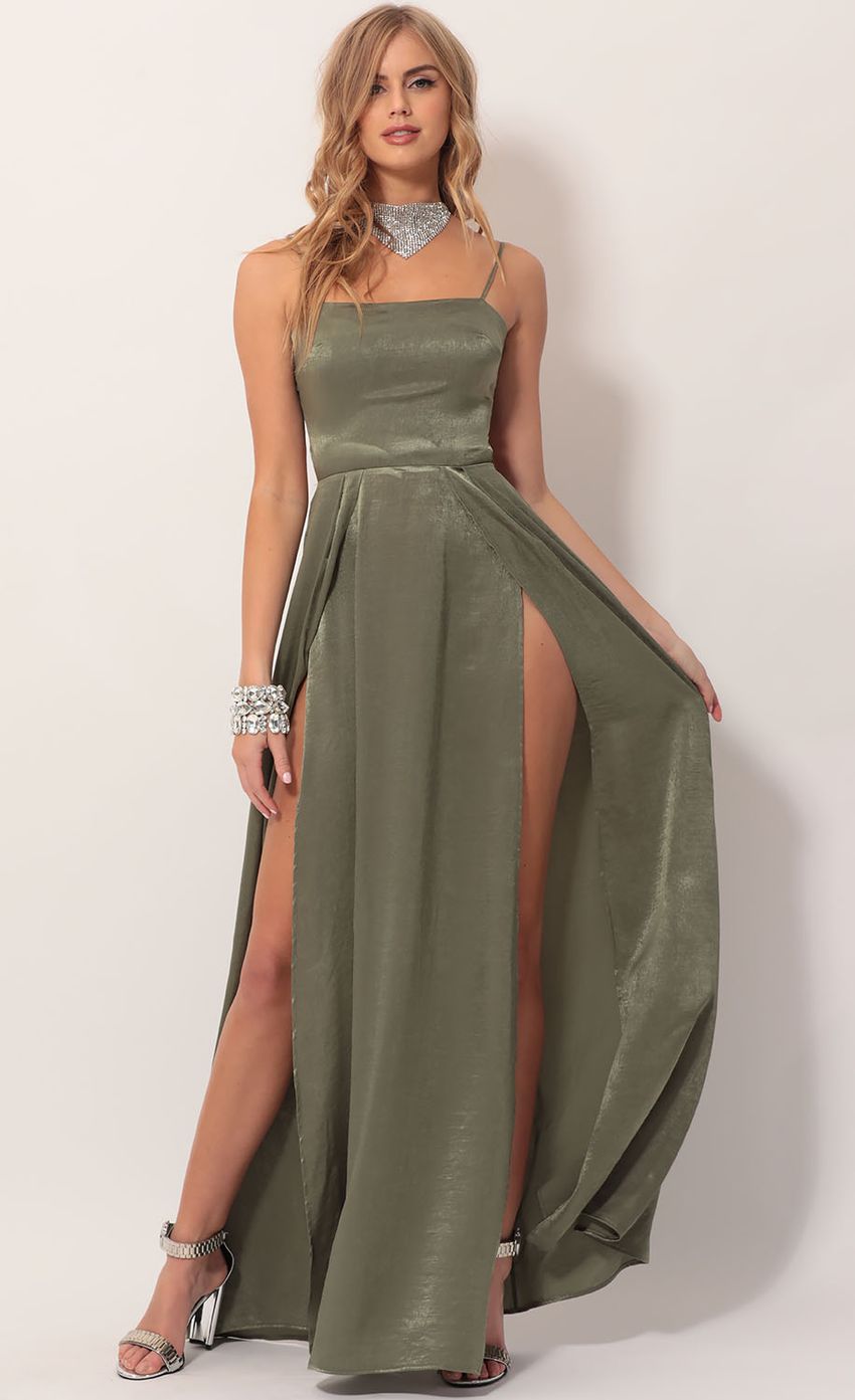 Picture Satin Maxi Dress in Olive Green. Source: https://media-img.lucyinthesky.com/data/Nov19_2/850xAUTO/781A4140.JPG
