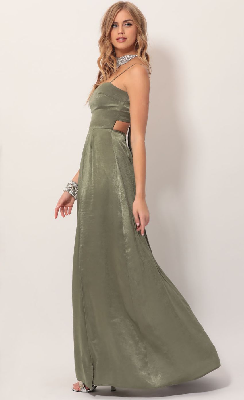 Picture Satin Maxi Dress in Olive Green. Source: https://media-img.lucyinthesky.com/data/Nov19_2/850xAUTO/781A4150.JPG