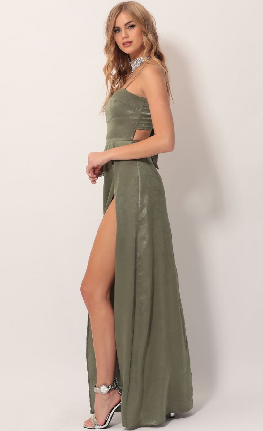 Picture Satin Maxi Dress in Olive Green. Source: https://media-img.lucyinthesky.com/data/Nov19_2/850xAUTO/781A4156.JPG