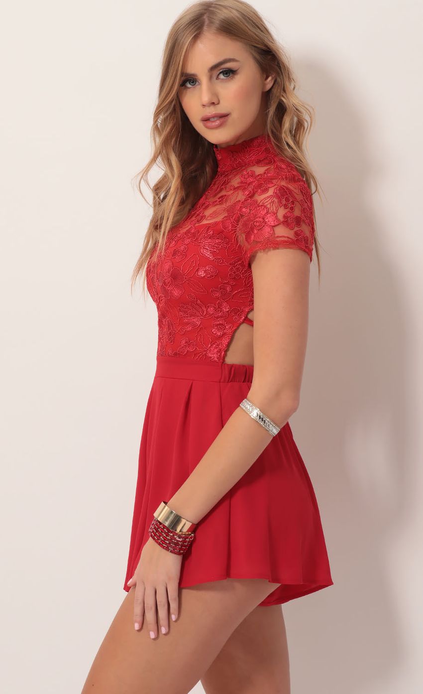 Picture Heiress Floral Lace Romper in Red. Source: https://media-img.lucyinthesky.com/data/Nov19_2/850xAUTO/781A4597.JPG