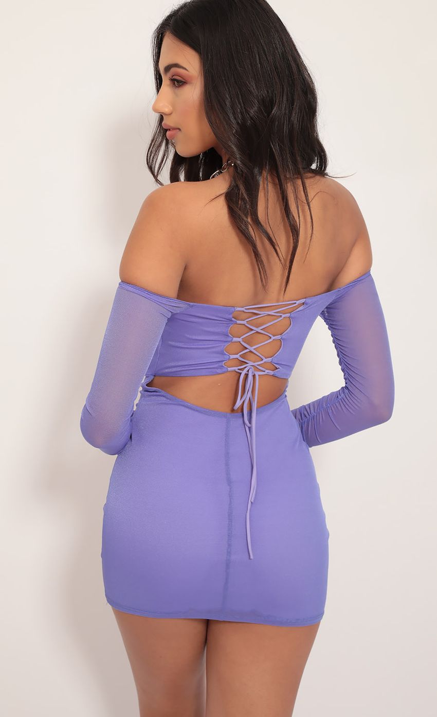 Picture Brenna Off Shoulder Mesh Dress in Purple. Source: https://media-img.lucyinthesky.com/data/Nov19_2/850xAUTO/781A4675.JPG