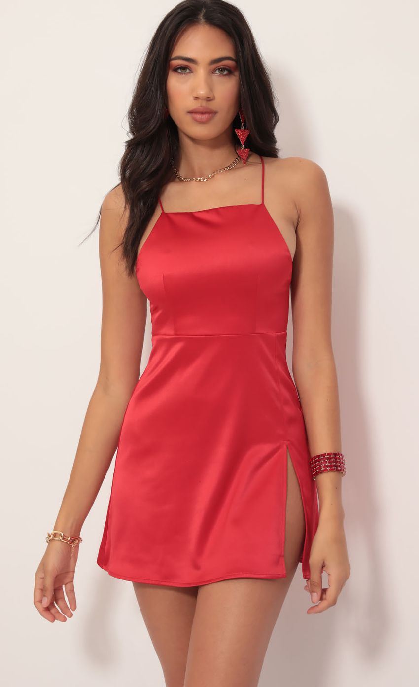 Picture L'Amour Satin Halter Slit Dress in Red. Source: https://media-img.lucyinthesky.com/data/Nov19_2/850xAUTO/781A5131.JPG