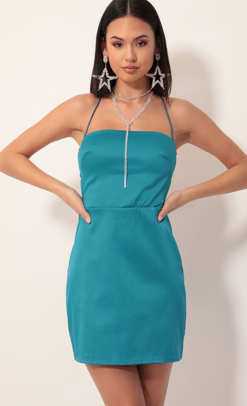 Picture Satin Lace-up Dress in Teal. Source: https://media-img.lucyinthesky.com/data/Nov19_2/850xAUTO/781A5623.JPG