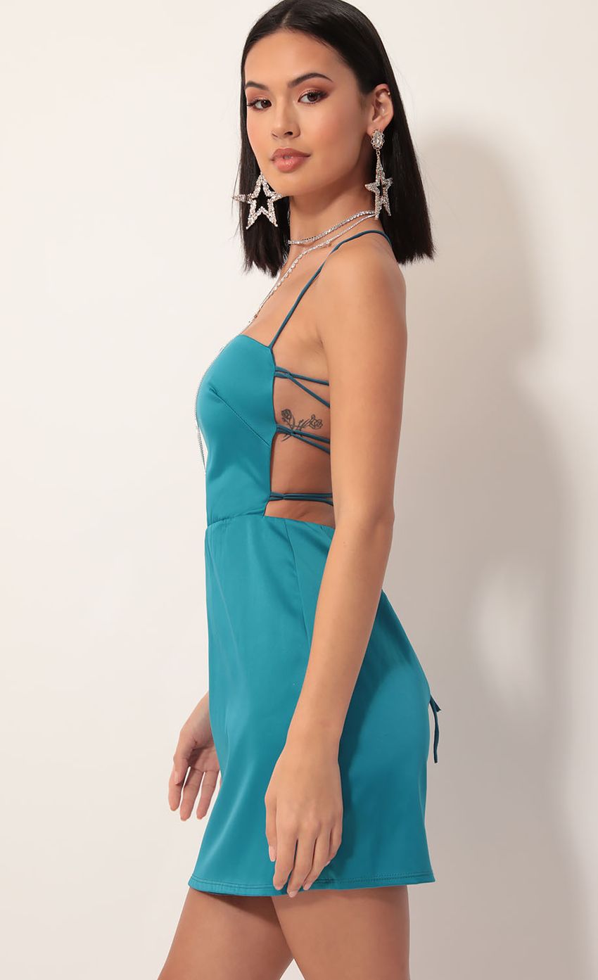 Picture Satin Lace-up Dress in Teal. Source: https://media-img.lucyinthesky.com/data/Nov19_2/850xAUTO/781A5634.JPG