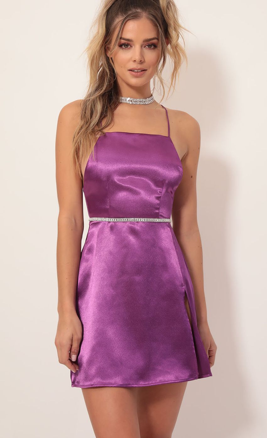 Picture L'Amour Satin Halter Slit Dress in Magenta. Source: https://media-img.lucyinthesky.com/data/Nov19_2/850xAUTO/781A6116.JPG