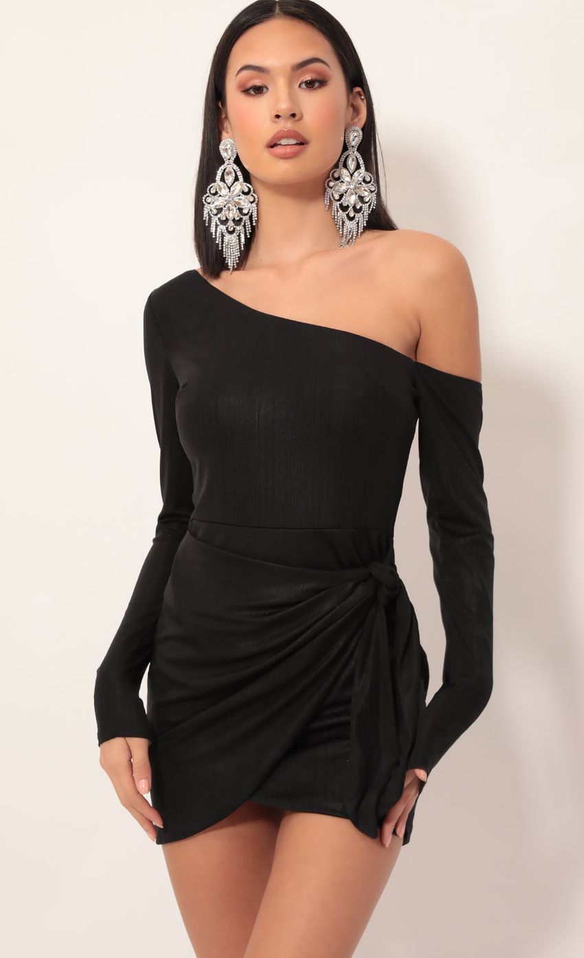 Picture Armani Shoulder Wrap Dress in Shiny Black. Source: https://media-img.lucyinthesky.com/data/Nov19_2/850xAUTO/781A6595.JPG