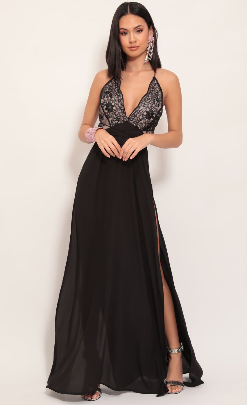 Picture Daniela Sequin Lace Plunge Maxi in Black. Source: https://media-img.lucyinthesky.com/data/Nov19_2/850xAUTO/781A7244.JPG