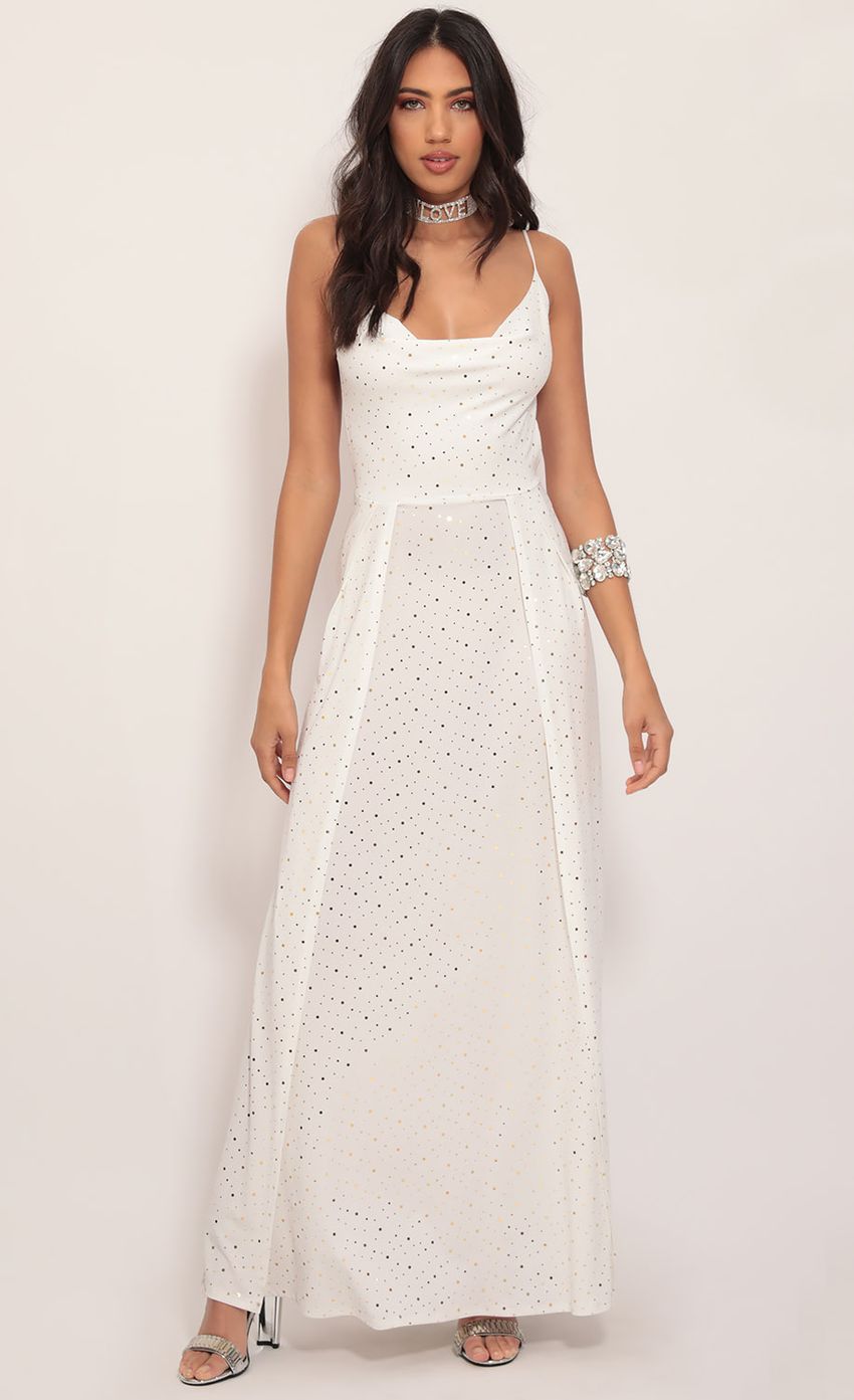 Picture Twinkling Maxi Dress in Ivory Gold. Source: https://media-img.lucyinthesky.com/data/Nov19_2/850xAUTO/781A7325.JPG