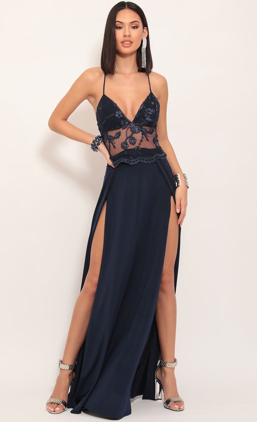 Picture Tulum Lace Maxi Dress in Navy. Source: https://media-img.lucyinthesky.com/data/Nov19_2/850xAUTO/781A7356.JPG