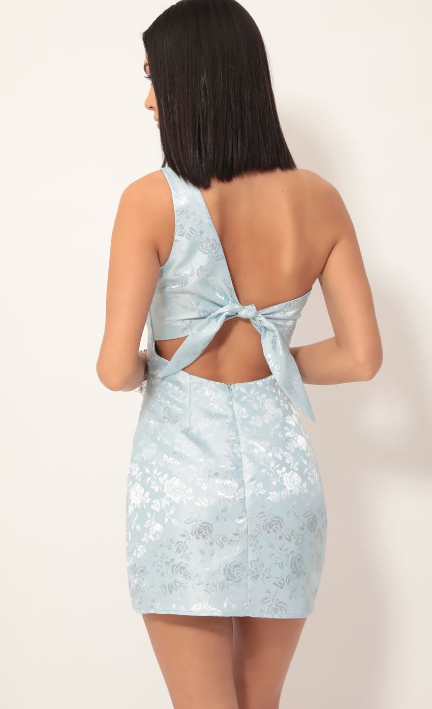 Picture Liana Satin Jacquard Shoulder Dress in Blue. Source: https://media-img.lucyinthesky.com/data/Nov19_2/850xAUTO/781A7455.JPG