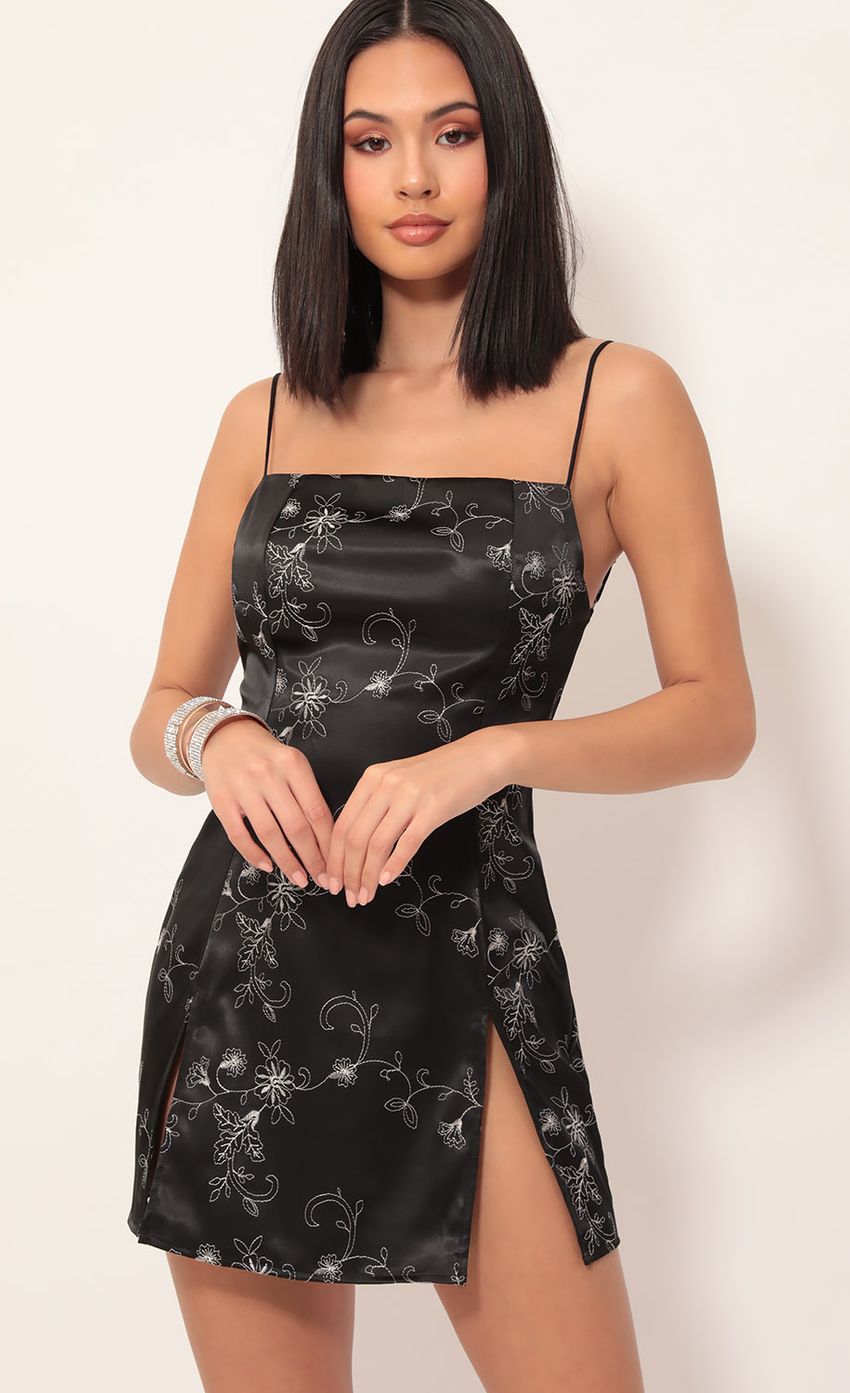 Picture Nadina High Slit Satin Dress in Black Floral. Source: https://media-img.lucyinthesky.com/data/Nov19_2/850xAUTO/781A7519.JPG