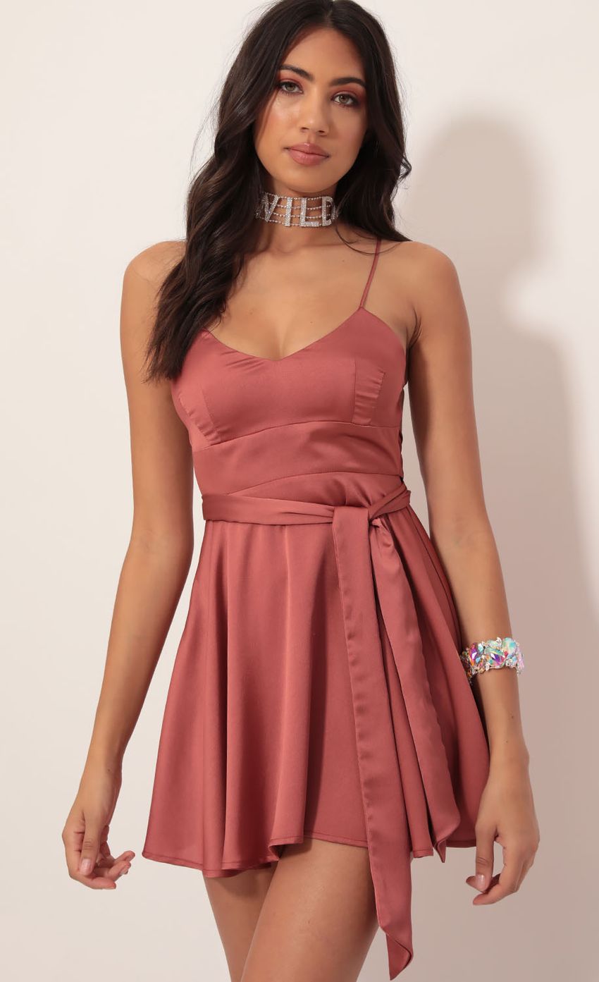 Picture Satin Tie A-line Dress in Rust. Source: https://media-img.lucyinthesky.com/data/Nov19_2/850xAUTO/781A9280.JPG